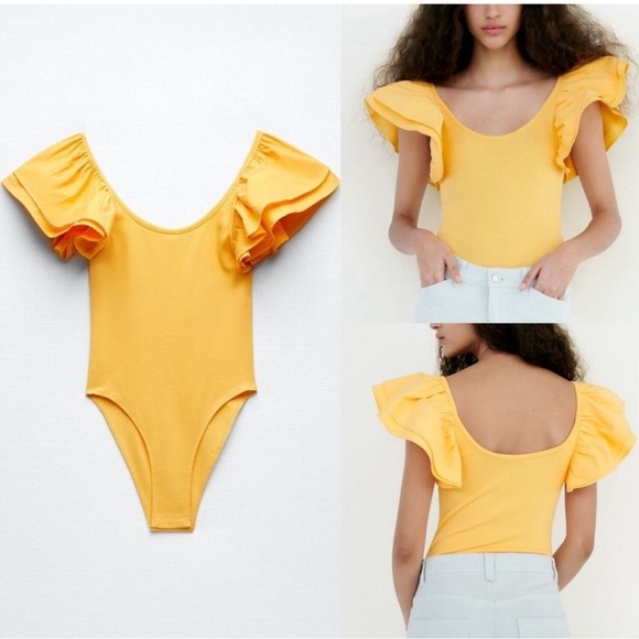 Zara Yellow Ruffled Sleeve Body Suit Medium - Picture 1 of 5